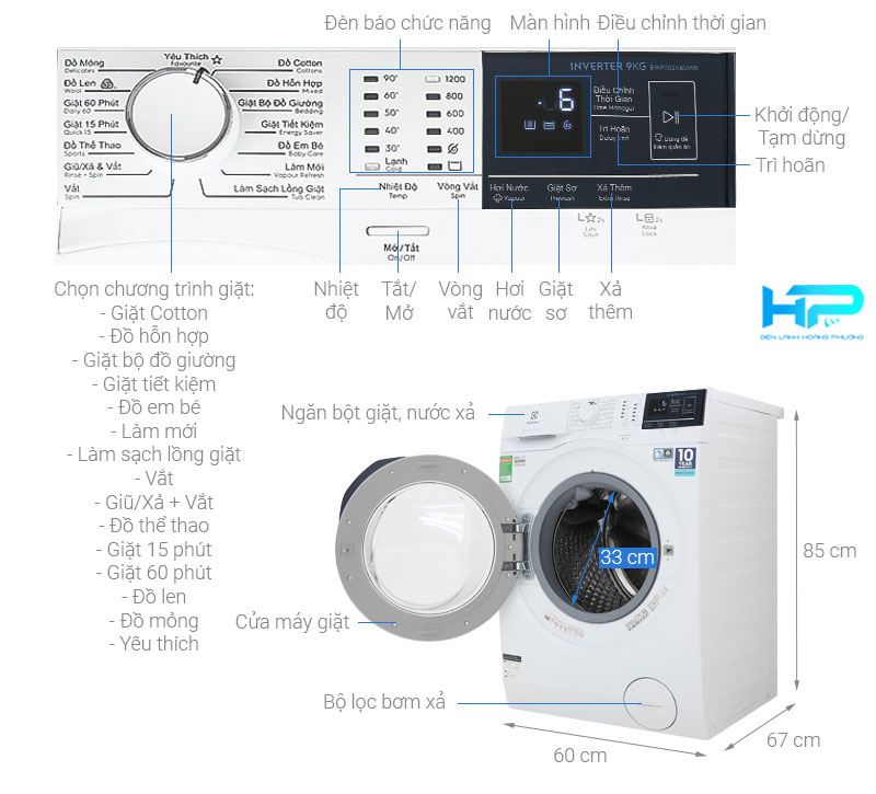 may giat Electrolux Inverter 9 kg EWF9024BDWB